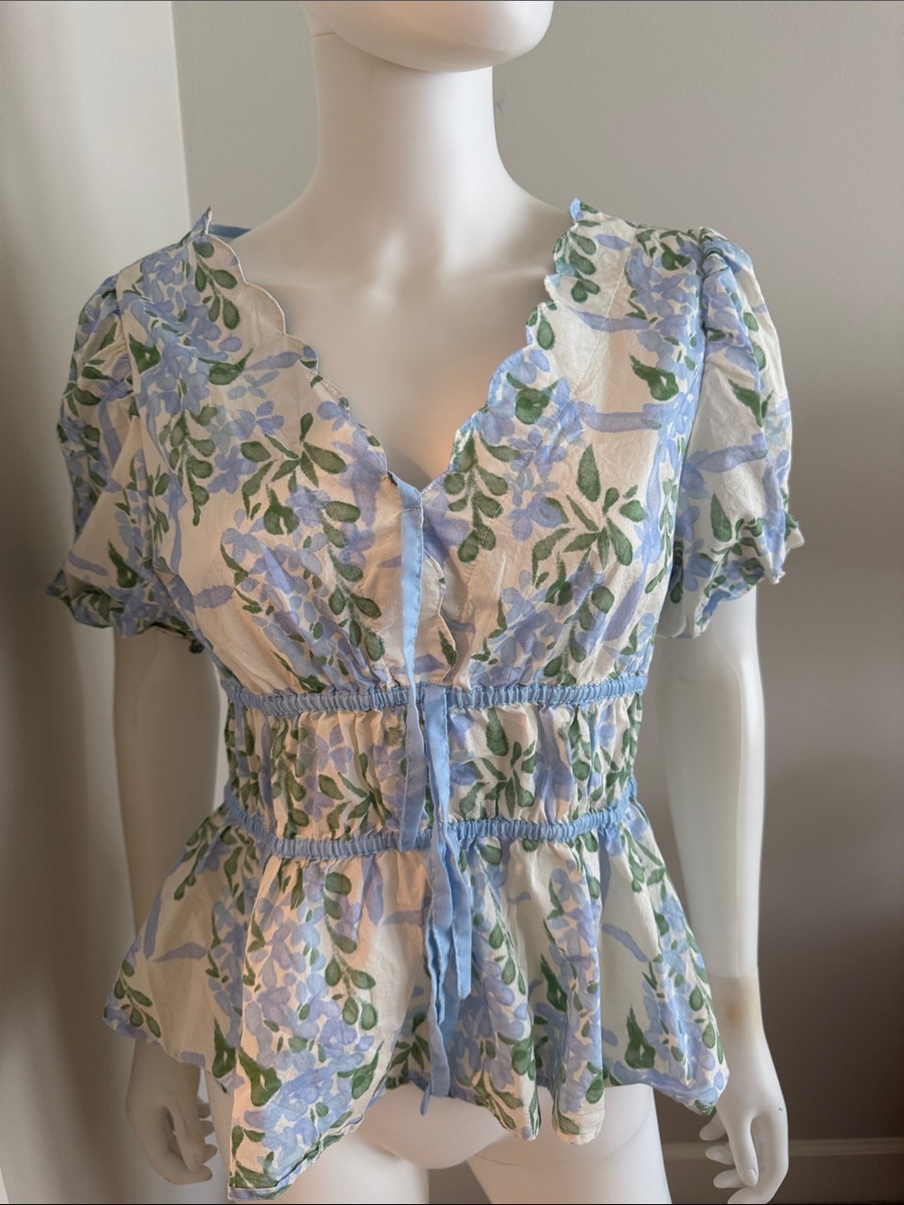 Floral Peplum Tie-Front Blouse in Blue and Green